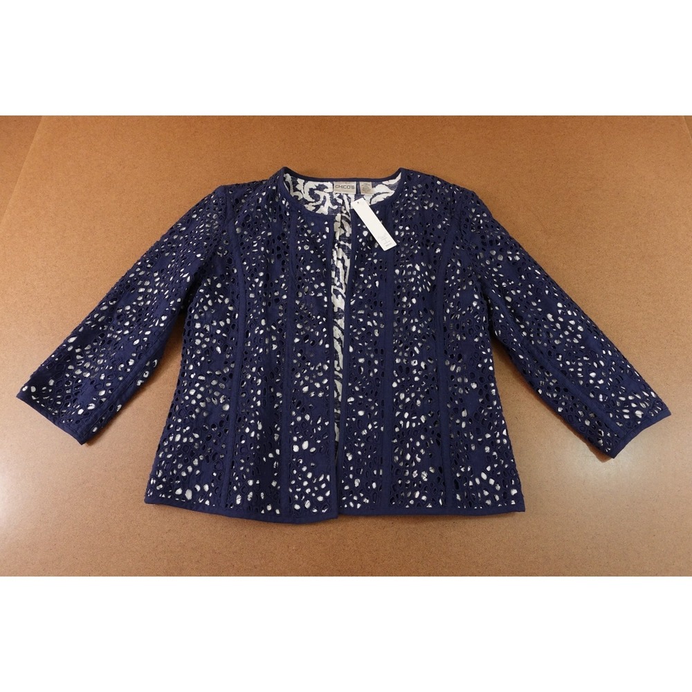 Chicos‎ Womens Small Navy Cotton Linen Blend Eyelet 3/4 Sleeve Open Jacket New